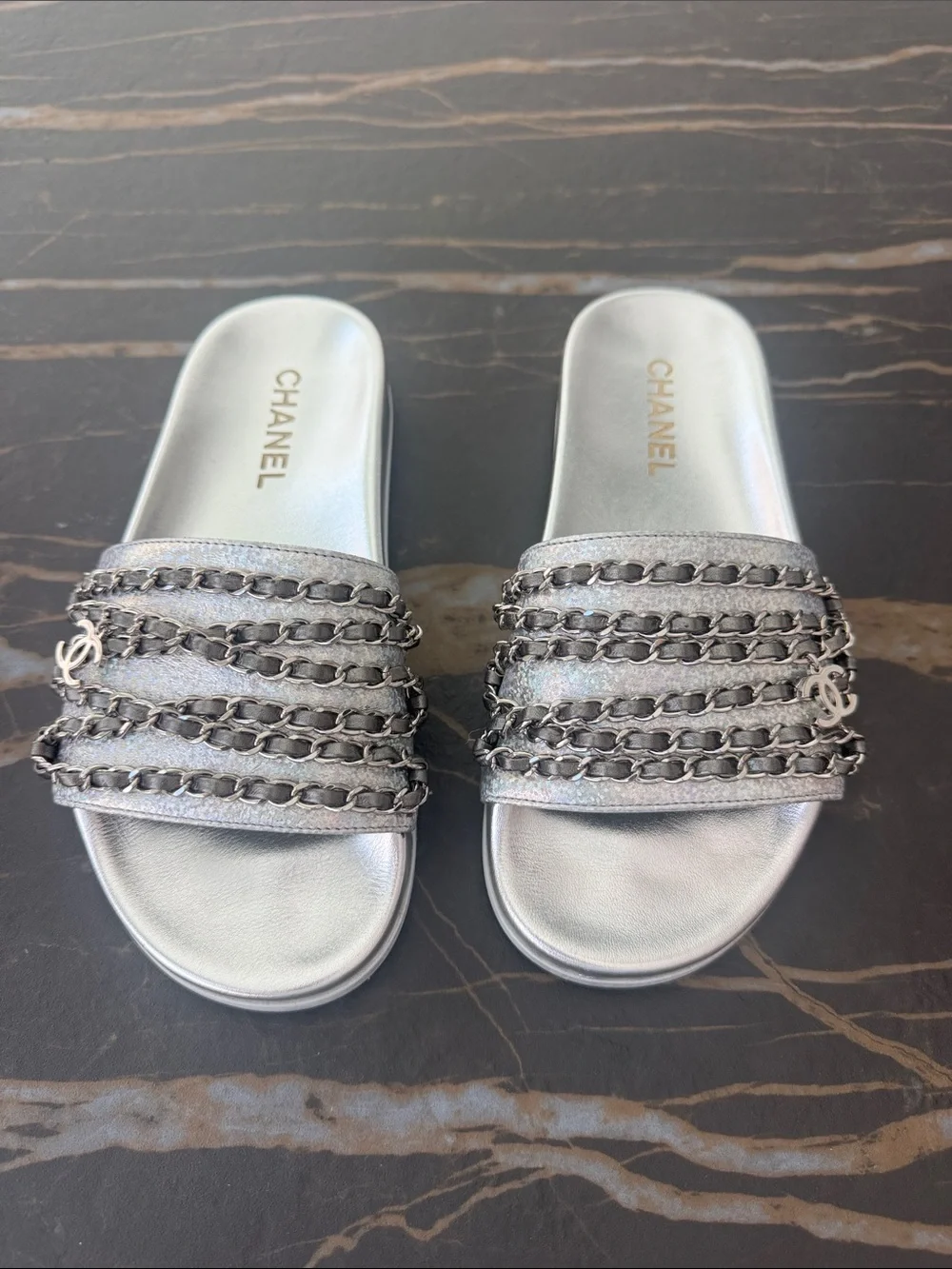 CHANEL Metallic Silver Chain-Trim Slide Sandals